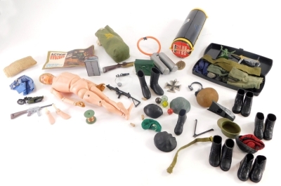 A collection of Action Man related items, to include Action Man, various hats, boots, guns, official equipment manual, etc. (1 tray)