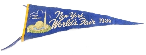 A New York Worlds Fair 1939 pennant, backed on felt with printed typography and images, 57cm long.