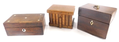 A collection of treen boxes, to include a 19thC rosewood box, with metal stringing and mother of pearl embellishments, 7.5cm high, 18cm wide, 11cm deep, in mahogany tea caddy, with a later brass handle and ivory keyhole, etc. (3)