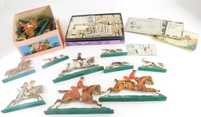 A collection of cigarette cards, some loose, to include Wills Cigarettes, Cavanders Ltd, W D & H O Wills, etc., some sets, and a quantity of mid 20thC carved hunting and horse figures with paper applied decoration. (1 tray)