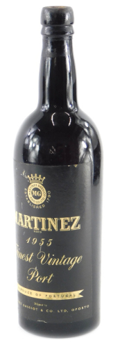 A bottle of Martinez 1955 Finest Vintage Port, lacking wax seal, 30cm high.