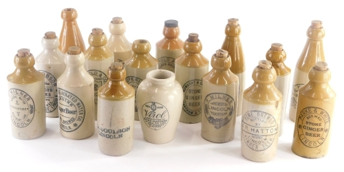 A collection of stoneware bottles, mainly for ginger beer etc., for P.Milner Lincoln, Skelton Lincoln, makers Marfleet, Arnold and Co. Lincoln. (1 tray)