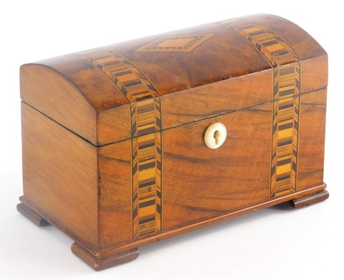 A 19thC and later dome top tea caddy, with parquetry cross banded decoration, the hinged lid revealing a lined interior, 11cm high, 20cm wide, 11cm deep.