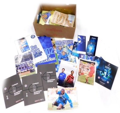 A collection of Chelsea Football Club related items, to include 2001, 2000, 2002 calendars, Carling Cup Final 2008 programme, Munich Final 2012 programme, Sunday Pictorial Aston Villa v Chelsea match day programme, 20th May 2000, signed to the front by Di