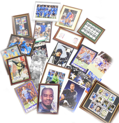 A collection of football related ephemera, to include photographic prints of various Chelsea Football Cub players, some bearing signatures, to include Alan Hudson, Carlo Cudicini, football cards bearing various signatures, unframed photos, etc. (1 box)