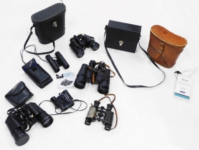 Various pairs of binoculars, to include Kalimar field binoculars, cased, a pair of Europa 8x40 cased binoculars, etc. (1 box)