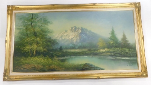 M Paulus (20thC Continental School). Stream before trees and mountain on a winter's day, oil on canvas, signed, 59cm x 122cm.