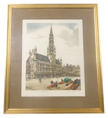 F Hillilinck (20thC). Brussels Hotel A Bile, limited coloured etching, signed, titled and numbered 228/550 to the mount, 42cm x 33cm, various signatures verso.