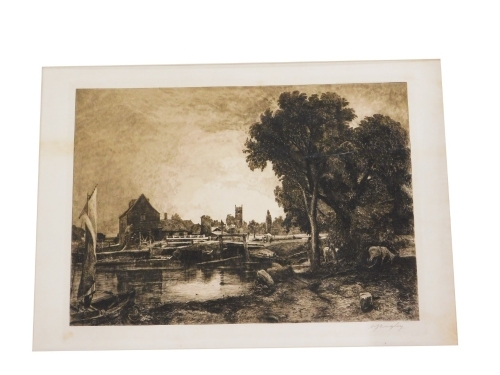 A late 19thC etching, depicting a rural scene, printed signature to lower right corner and stamped published March 1st 1886 by Gladwell, 56cm x 39cm.