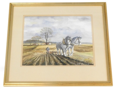 Keith Baldock (20thC). Heavy horse ploughing field before cottage and trees, gouache, signed, 29cm x 38cm.