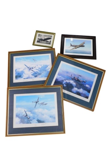 After Robert Taylor. Hurricane, print, possibly signed by one of the pilots, 33cm x 47cm, other prints by the artist to include Spitfire and Lancaster, photographic print of a plane, etc., (a quantity)