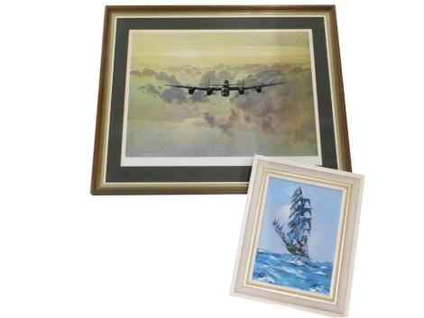 After Gerald Coulson. Outbound Lancaster Crossing The East Coast, print, possibly signed by the aircraft pilot, 53cm x 76cm, and ship on calm waters, acrylic on board, indistinctly signed, 37cm x 27cm. (2)