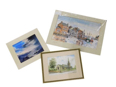 F. H. Webster (20thC British School). St Giles Church Balderton, watercolour on paper, signed and dated 88, 20cm x 30cm, Elizabeth Willis, seascape, oil on board, signed, 24cm x 30cm, and Sandy Gore Custom House Quay Weymouth, watercolour on paper, signe