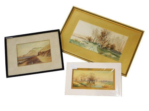 E. M. Poole (Early 20thC British School). River landscape, watercolour on paper , 13cm x 28cm, a beach scene, indistinctly signed, watercolour on paper, 17cm x 25cm, and a further watercolour. (3)