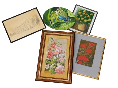 A collection of pictures, prints, etc., to include floral still life, oil on board, signed C D, 30cm x 22cm, J. Jones, Southfield House, pencil on paper, signed and dated 85, 28cm x 44cm, etc. (a quantity)