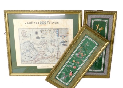 An Oriental silk picture depicting figures, buildings, etc., another similar with birds and a Jardines printed map of Taiwan. (3)