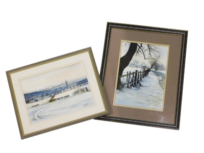 T. E. J. Brooker (20thC British School). Snowy landscape, watercolour on paper, signed and dated 92, 35cm x 25cm, and another similar by the same artist. (2)