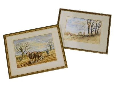 William Page (20thC British School). Church and Cottage scene, watercolour on paper, signed, 25cm x 34cm, and a horse ploughing scene, watercolour on paper, indistinctly signed, 27cm x 37cm. (2)