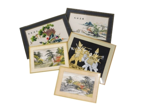 A collection of oriental and eastern related pictures, to include two Chinese silk embroideries, one depicting peacock, trees, flowers,etc., the other a mountainous landscape with man on bridge, an Indian print on linen of two elephants in combat, 43cm x 