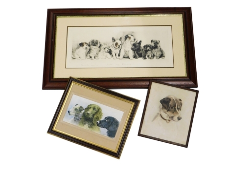 A collection of dog related prints, to include Jack Russell Terrier, watercolour on paper, initialled, 30cm x 25cm, Faithful Friends print, 15cm x 29cm, and an engraving of puppies, indistinctly signed. (3)