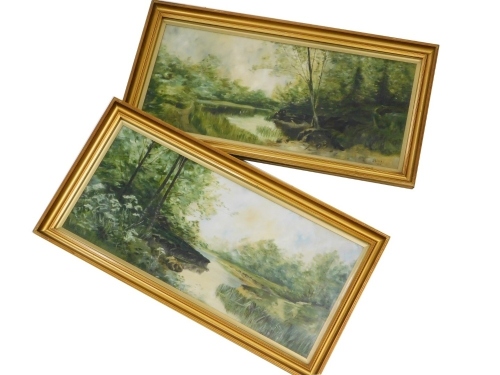 D M Clarke (20thC School). Woodland landscapes, a pair, oil on canvas, signed and dated 1926, 30cm x 72cm. (2)