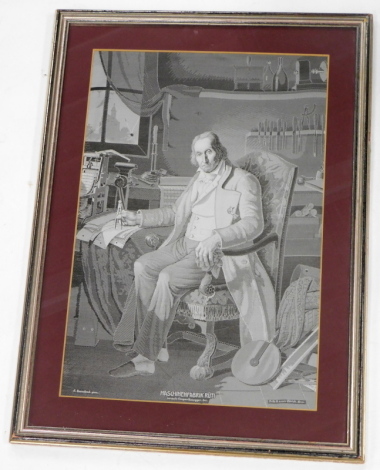 An embroidered panel, of a gentleman in 19thC dress in his study, possibly Swiss, 31cm x 44cm.