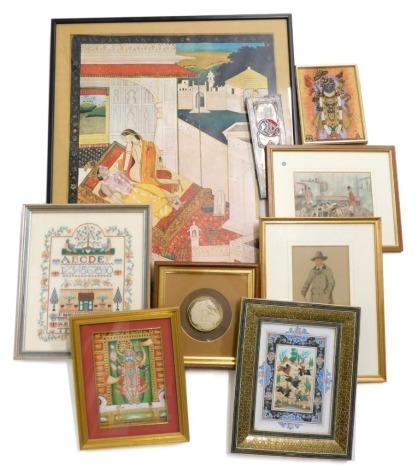 A collection of Oriental pictures and prints, to include images of gods, a Mogul School picture of warriors on horseback in a mosaic frame, etc. (a quantity)