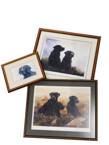 After John Lewis Fitzgerald (b.1945). Black Labradors in a rural landscape, limited edition signed print no. 125/350, 36cm x 45cm, black Labrador, watercolour on paper, indistinctly signed, 16cm x 23cm, and three black Labrador in a mountainous scene, si