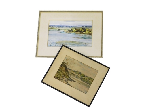 Flora Macloed (b.1907). Rural lake scene, watercolour on paper, signed to bottom right, 26cm x 35cm, and G.M Rennie, lake scene with bridge and village to background, watercolour on paper, 20cm x 26cm. (2)
