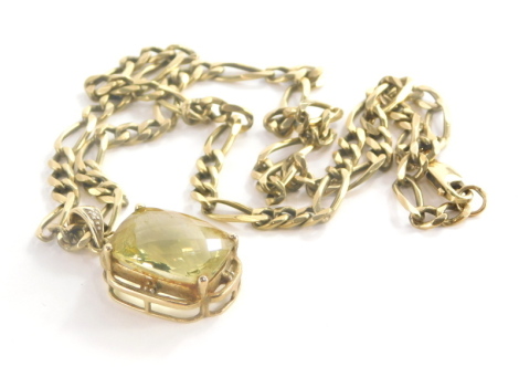 A 9ct gold pendant and chain, the pendant set with rectangular cut citrine in claw setting with tiny diamond set top, 3cm high on a byzantine link chain, yellow metal stamped 375, 56cm long, 32.1g all in.