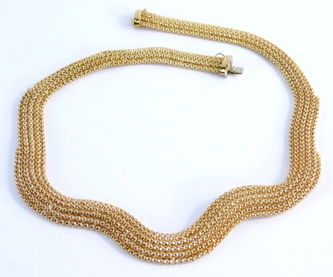 An 18ct gold wave design necklace, with six bar weaved decoration, with clasp and safety clip, 44cm long, 39.2g all in.