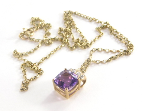 A 9ct gold amethyst and diamond pendant, with central rectangular cut amethyst, with four diamond set top, 1.5cm high on a 9ct gold fine belcher link chain, 54cm long, 5g all in.