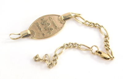 A 9ct gold medical alert bracelet, with medical alert central badge, on Byzantine link chain, yellow metal marked 375, (AF), 17cm long, 9.6g.