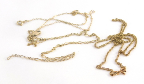 Three 9ct gold chains, to include two fine link chains, and a fancy link chain (AF; incomplete), 6.7g.