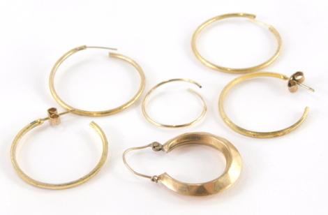 Various 9ct gold hoop earrings, some pairs, 4.6g all in.