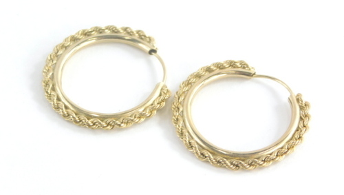 A pair of 9ct gold hoop earrings, each with outer twist design on a plain inner band, 2cm diameter, 1.6g all in.