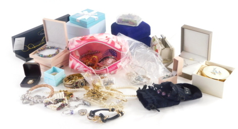 A group of modern costume jewellery Diamonique items, ladies wristwatches, clip on earrings, dress rings, etc. (1 tray)