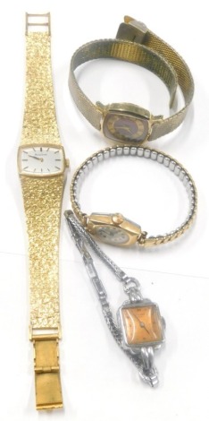 A Ginsbo ladies chrome plated Art Deco wristwatch, a Sekonda ladies wristwatch, a gold plated ladies wristwatch, unmarked, and a Bulova ladies wristwatch. (4)