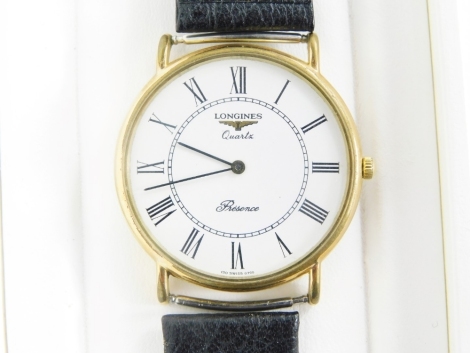 A Longines Precision wristwatch, with a stainless steel and gold plated wristwatch head on black leather strap, boxed, 3cm dial.