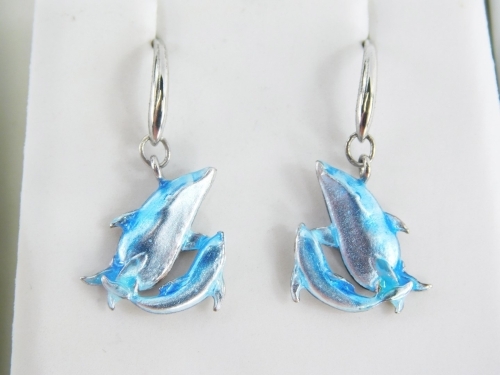 A pair of silver and enamel Nicole Barr dolphin drop earrings, each 2cm drop, boxed.