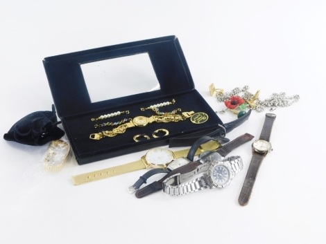 A group of costume jewellery and effects, to include gentleman's and ladies wristwatches, silver plated chains, cuff links, etc. (1 tray)