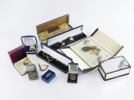 Various costume jewellery and effects, to include a Rotary gold plated ladies wristwatch, various other dress watches, some silver necklaces, etc.(1 tray)