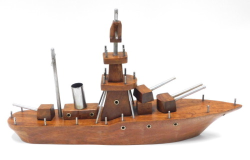 A hardwood and aluminium scratch built model of a Frigate, with three gun turrets, etc., 47cm long.