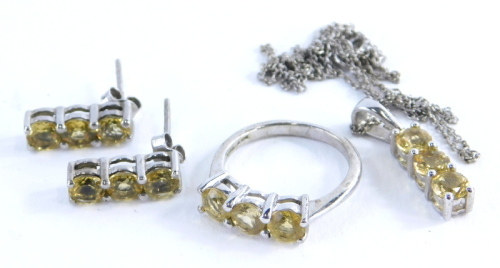 A group of Gemporia jewellery, each set with yellow beryl stone, comprising three stone pendant, three stone dress ring and pair of earrings, 6.9g all in.