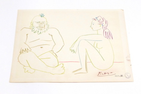 After Pablo Picasso (1881-1973). La Comedie Humaine, lithograph,printed mark for Galerie Mathias Fels, Paris, printed date 27.1.54, unframed, 23cm x 32cm.