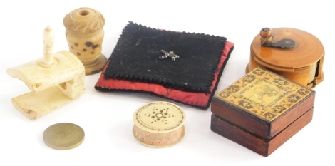 Miscellaneous items, to include a Tunbridge ware stamp box with mosaic border surrounding a penny black stamp, a Jersey quarter of a shilling coin, etc.