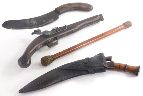 Various military items, to include a kukri, a small knife or machete, a replica flintlock pistol and a turned wood and woven cosh. (4)