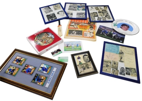 A collection of sporting ephemera, to include various newspaper cuttings, and photographs of footballers, bearing signatures, to include Roy Bentley, John Hollins, Ron Harris, Peter Sillet, a miniature cricket bat, bearing signature, a Royal Doulton cabi