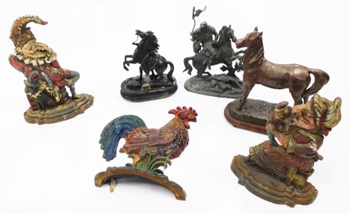 A quantity of metalware, to include spelter Marley horses, spelter figure of Roman soldier on horseback, three cast and painted door stops, etc.