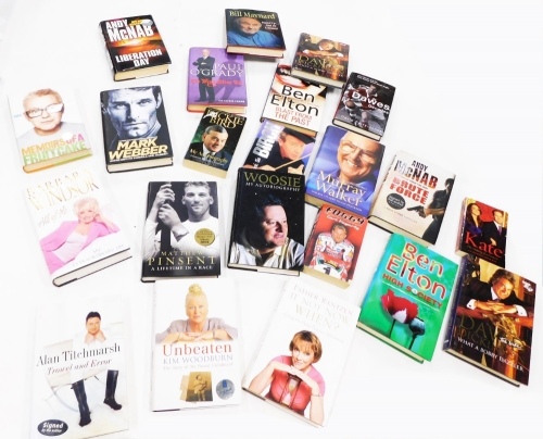 A quantity of signed and other autobiographies, to include Alan Titchmarsh, Kim Woodburn, Barbara Windsor, Bill Maynard, Paul O'Grady, Chris Evans, Andy McNab, Ben Elton, sporting books relating to Murray Walker, etc.